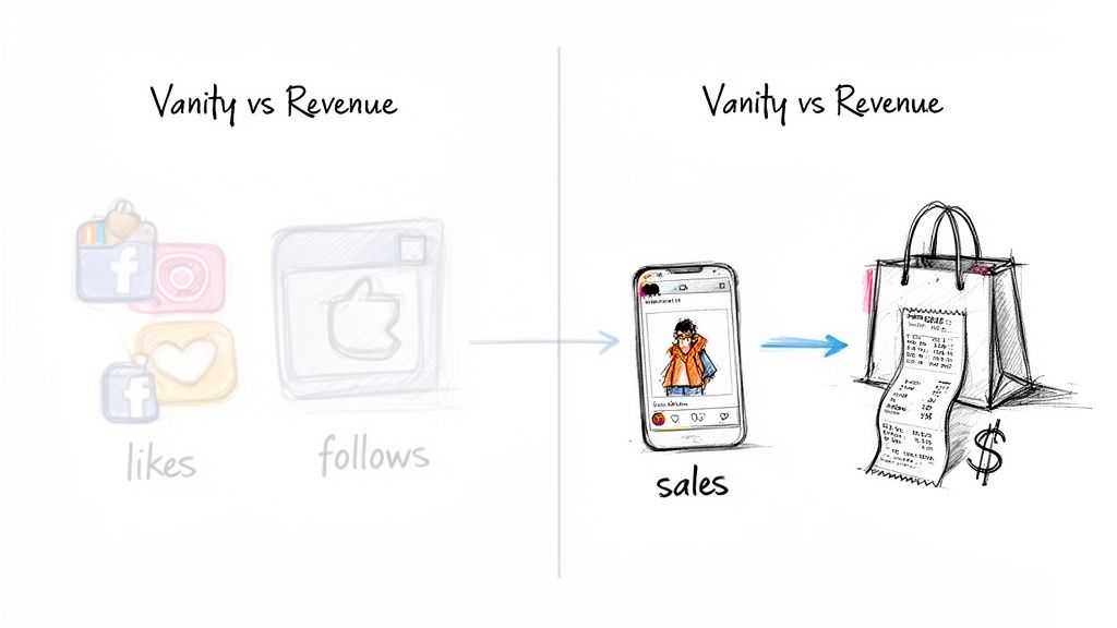 Illustration comparing social media vanity metrics like likes and follows to actual sales and revenue.